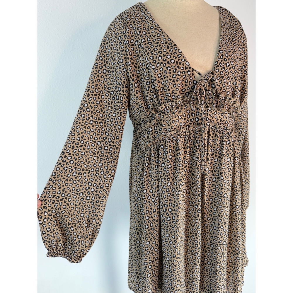 Altar'd State Layla Peasant Mini Dress Leopard Cheetah Print Boho Cottage Medium - Picture 2 of 10